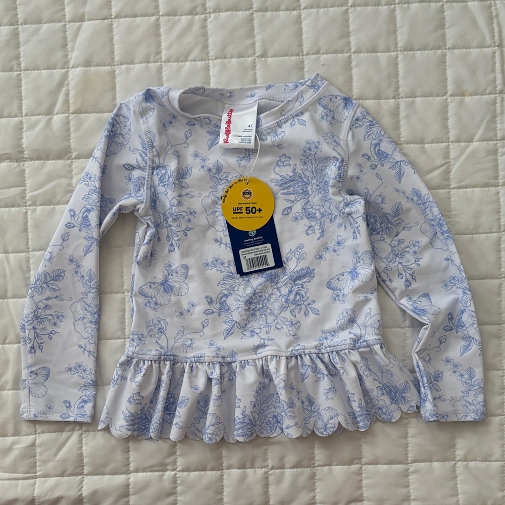 Ruffle Butts White and Blue Floral Rashguard
